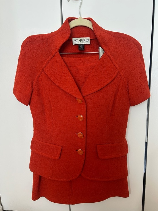 St. John Jackets & Blazers - St. John Red Short-Sleeve Bouclé Blazer & Skirt Set